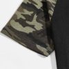 Men's camo raglan top. Contrasting stitching highlights patchwork. Soft, textured fabric. Casual style with earthy green and