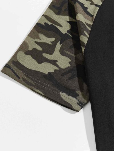 Men's camo raglan top. Contrasting stitching highlights patchwork. Soft, textured fabric. Casual style with earthy green and