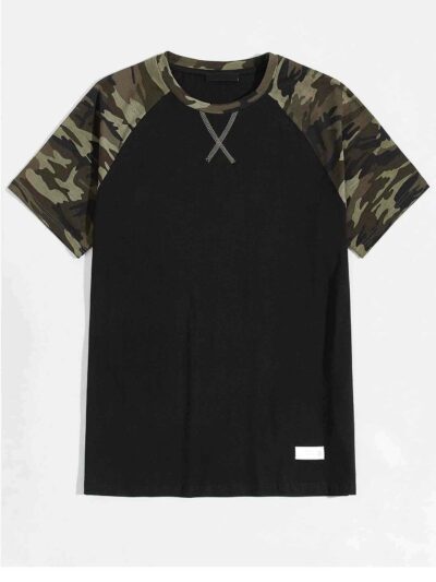 Men's camo raglan top. Contrasting stitching highlights patchwork. Soft, textured fabric. Casual style with earthy green and