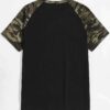 Men's camo raglan top. Contrasting stitching highlights patchwork. Soft, textured fabric. Casual style with earthy green and