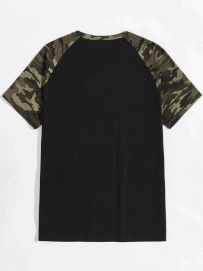 Men's camo raglan top. Contrasting stitching highlights patchwork. Soft, textured fabric. Casual style with earthy green and