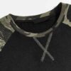 Men's camo raglan top. Contrasting stitching highlights patchwork. Soft, textured fabric. Casual style with earthy green and