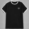 White t-shirt with diamond print and letter tape trim. Ribbed neck & sleeves. Soft cotton texture, clean stitching detail. -