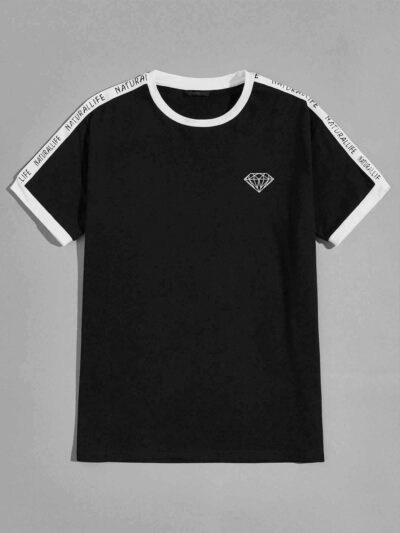 White t-shirt with diamond print and letter tape trim. Ribbed neck & sleeves. Soft cotton texture, clean stitching detail. -