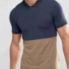 Close-up of a textured pique polo shirt. Notice the quality stitching, custom logo, and button placket. Light blue hue, breat