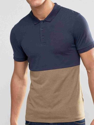 Close-up of a textured pique polo shirt. Notice the quality stitching, custom logo, and button placket. Light blue hue, breat