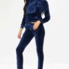 Navy velour loungewear set. Pullover hoodie with matching bottoms. Soft, plush texture with subtle sheen. Clean stitching, re