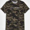 Men's camo tee with bold slogan graphic. Notice the quality stitching and soft cotton texture. Short-sleeved, relaxed fit. -