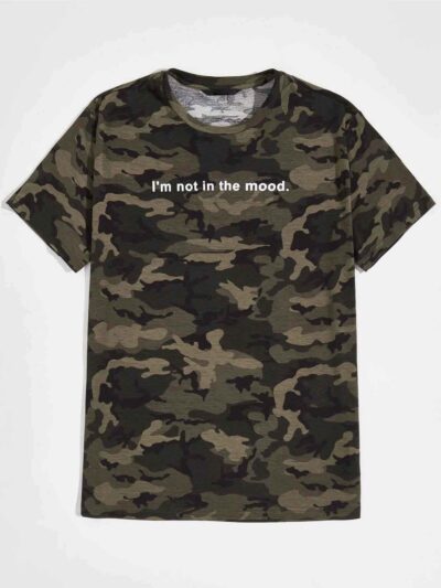 Men's camo tee with bold slogan graphic. Notice the quality stitching and soft cotton texture. Short-sleeved, relaxed fit. -