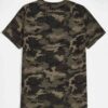 Men's camo tee with bold slogan graphic. Notice the quality stitching and soft cotton texture. Short-sleeved, relaxed fit. -