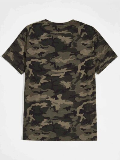 Men's camo tee with bold slogan graphic. Notice the quality stitching and soft cotton texture. Short-sleeved, relaxed fit. -