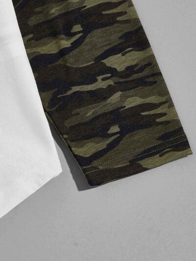 Men's camo raglan tee. Gray heather body, camo sleeves & neck rib. Casual fit, soft feel, visible quality stitching. Perfect