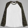 Men's camo raglan tee. Gray heather body, camo sleeves & neck rib. Casual fit, soft feel, visible quality stitching. Perfect