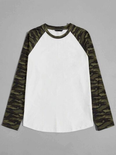 Men's camo raglan tee. Gray heather body, camo sleeves & neck rib. Casual fit, soft feel, visible quality stitching. Perfect