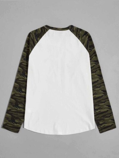 Men's camo raglan tee. Gray heather body, camo sleeves & neck rib. Casual fit, soft feel, visible quality stitching. Perfect