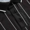 Close-up of a navy blue golf polo shirt. Fine pique knit texture, clean stitching, ribbed collar. Customizable for logo embro