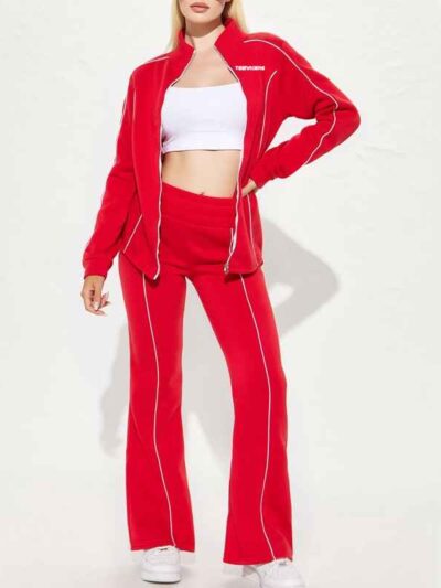 Ladies' hooded tracksuit. Smooth, slightly textured fabric, likely polyester blend. Close-fitting design with clean stitching