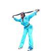 Ladies tracksuit set. Fitted jogger pants & zip-up jacket. Blush pink hue, subtle ribbed texture, clean stitching detail. Fit