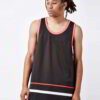 Close-up of a soft, cotton tank top. Fine stitching highlights the armhole. Breathable, lightweight fabric in a heathered gre