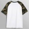 Close-up of a custom-printed t-shirt. Soft jersey knit texture, clean seams. Noticeable print quality, vibrant colors on a da