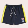 Navy swim trunks, quick-dry fabric with subtle sheen. Note reinforced stitching & clean silhouette. Ideal resort apparel. - V