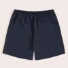 Navy swim trunks, quick-dry fabric with subtle sheen. Note reinforced stitching & clean silhouette. Ideal resort apparel. - V