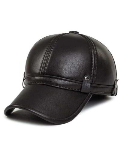 Close-up of a brown golf hat in textured PU leather with earflaps. Adjustable strap visible; fine stitching detail. - View 2
