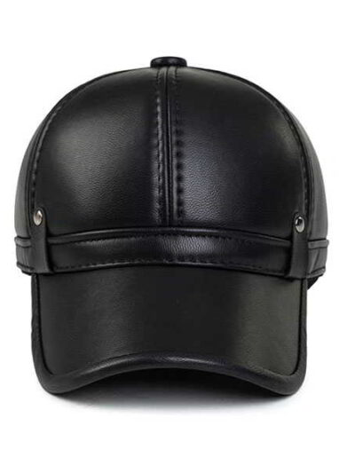 Close-up of a brown golf hat in textured PU leather with earflaps. Adjustable strap visible; fine stitching detail. - View 3