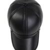 Close-up of a brown golf hat in textured PU leather with earflaps. Adjustable strap visible; fine stitching detail. - View 4