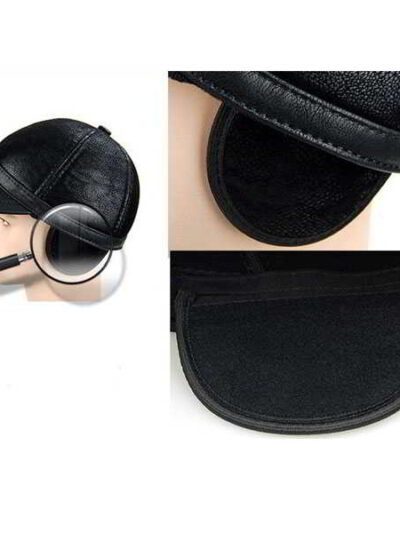 Baseball cap with earflaps, faux leather texture, visible stitching detail. Dark brown color, cozy design for cold weather. -