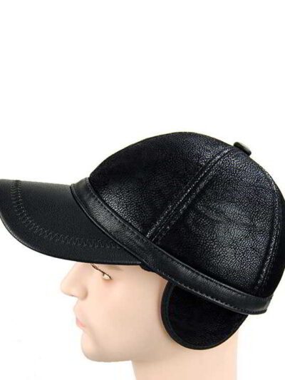 Baseball cap with earflaps, faux leather texture, visible stitching detail. Dark brown color, cozy design for cold weather. -