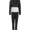 Paneled pullover hooded tracksuit. Soft fleece fabric. Accented stitching, drawstring hood. Relaxed fit, versatile athletic w