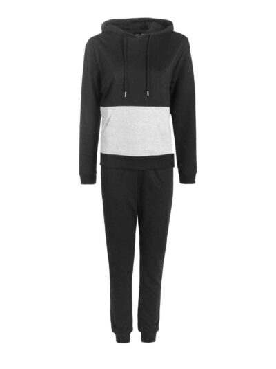 Paneled pullover hooded tracksuit. Soft fleece fabric. Accented stitching, drawstring hood. Relaxed fit, versatile athletic w