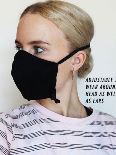 Reusable face mask, soft fabric, visible stitching detail. Breathable medical-style mask, adjustable ear loops for snug fit.