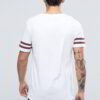 Close-up of blank, custom-printed t-shirts. Notice soft, cotton blend fabric and durable double-needle stitching. Vibrant col