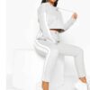 Petite crop hoody tracksuit with sporty side stripe. Soft-knit feel. Joggers with elastic waist. Heathered fabric effect. - V