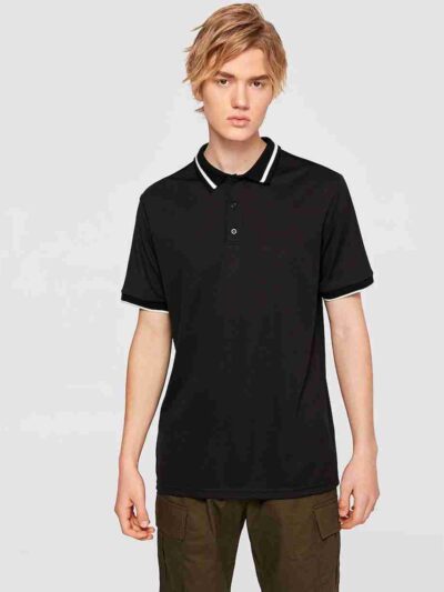 Close-up of a blank polo shirt. Smooth pique knit, clean stitching. Ready for printing, embroidery. Available in various colo