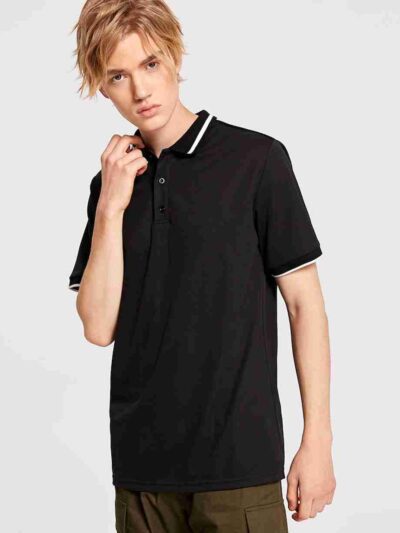 Close-up of a blank polo shirt. Smooth pique knit, clean stitching. Ready for printing, embroidery. Available in various colo