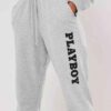 Gray lounge joggers, soft knit, close-up on textured fabric. Relaxed fit, cuffed ankles. Quality stitching visible on seams.