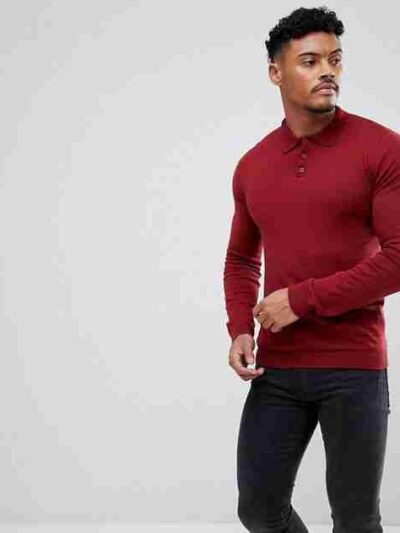 Close-up: Premium polo shirt. Fine knit texture, impeccable stitching, subtle heather blue color. High-quality casual wear. -