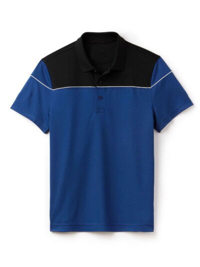 Close-up of a premium golf polo shirt, showcasing fine stitching, breathable fabric texture, and custom logo embroidery. Teal