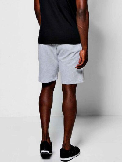 Lightweight gym shorts in heather grey; breathable mesh panels enhance ventilation. Close-up shows fine stitching detail and