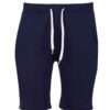 Close-up of soft French Terry gym shorts. Note loopback texture, durable stitching, adjustable drawstring waist. Athletic hea