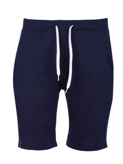 Close-up of soft French Terry gym shorts. Note loopback texture, durable stitching, adjustable drawstring waist. Athletic hea