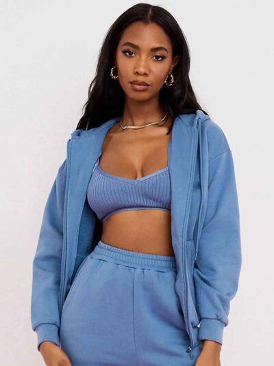 Ladies' athleisure tracksuit set. Gray heather knit, subtle reflective stripes. Cozy, relaxed fit. Fine stitching on jacket &