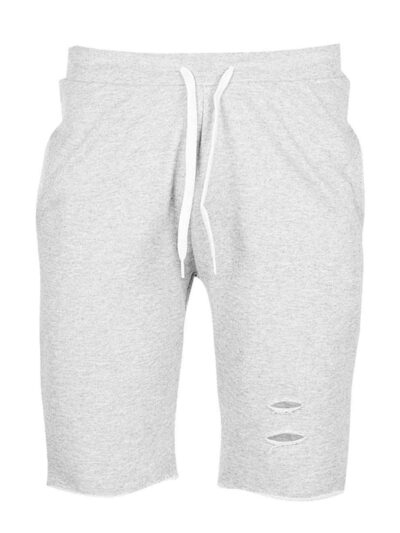 Close-up of athletic shorts fabric. Visible moisture-wicking weave, reinforced stitching. Performance garment in neutral gray