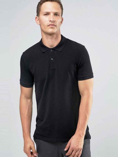 Close-up of a navy polo shirt. Smooth, breathable polyester with fine stitching. Custom logo printed sharply on the chest. -