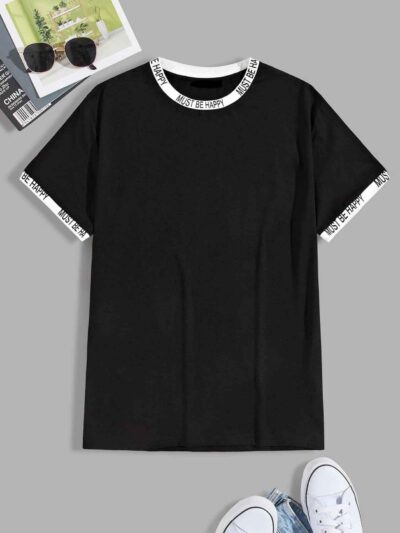 Men's rib-knit ringer t-shirt with a printed graphic. Notice the quality stitching and textured fabric. Comfortable and styli