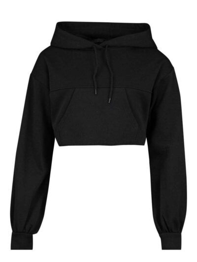 Heather gray crop hoodie with visible raw hem and intricate seam detailing. Soft, slightly textured fabric. Custom stitching