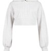 Heather gray crop hoodie with visible raw hem and intricate seam detailing. Soft, slightly textured fabric. Custom stitching